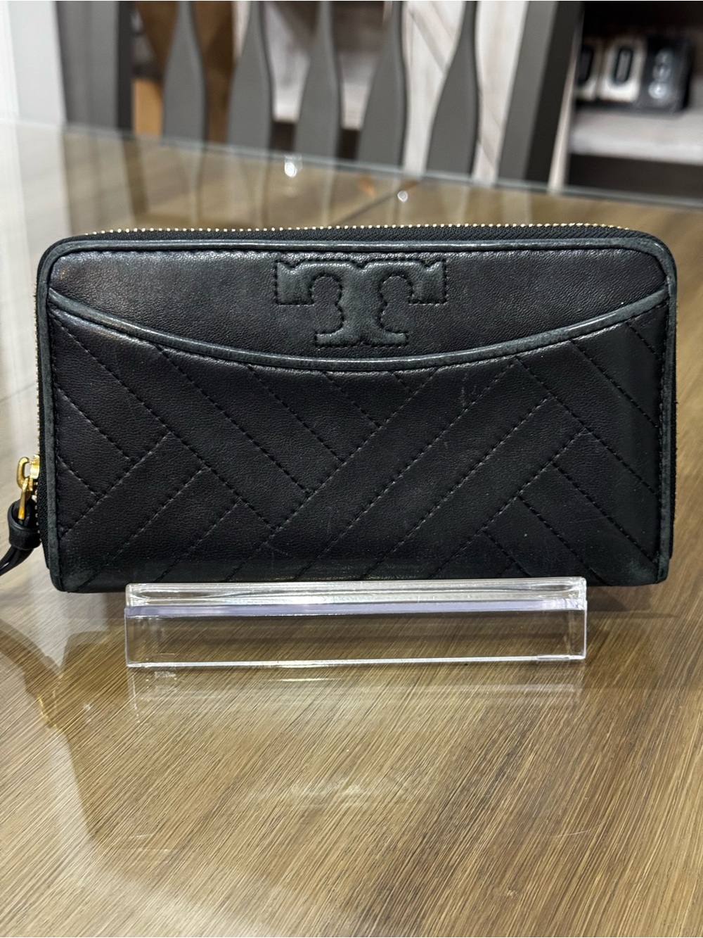 Tory Burch Alexa Zip Around Continental Leather Wallet Quilted Black